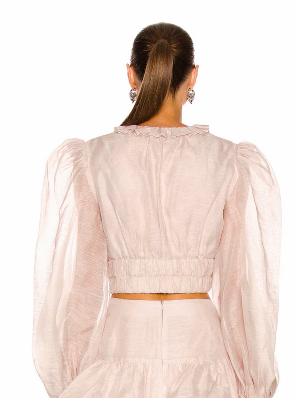 Zimmermann Pale Blush Ruffled V-Neck Puff Sleeve Crop Top - Small - Picture 3 of 8
